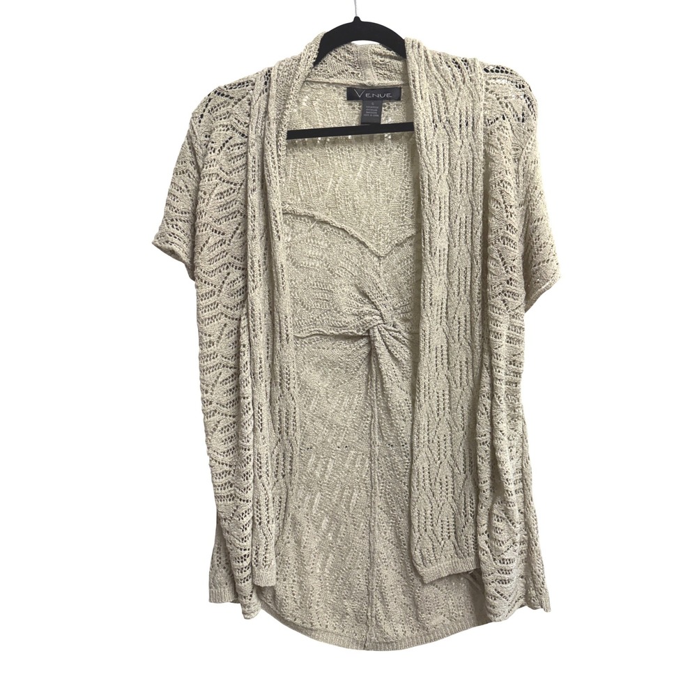 Vintage Y2K Venue Twist Back Pointelle Boho Open Front Short Sleeve Cardigan S